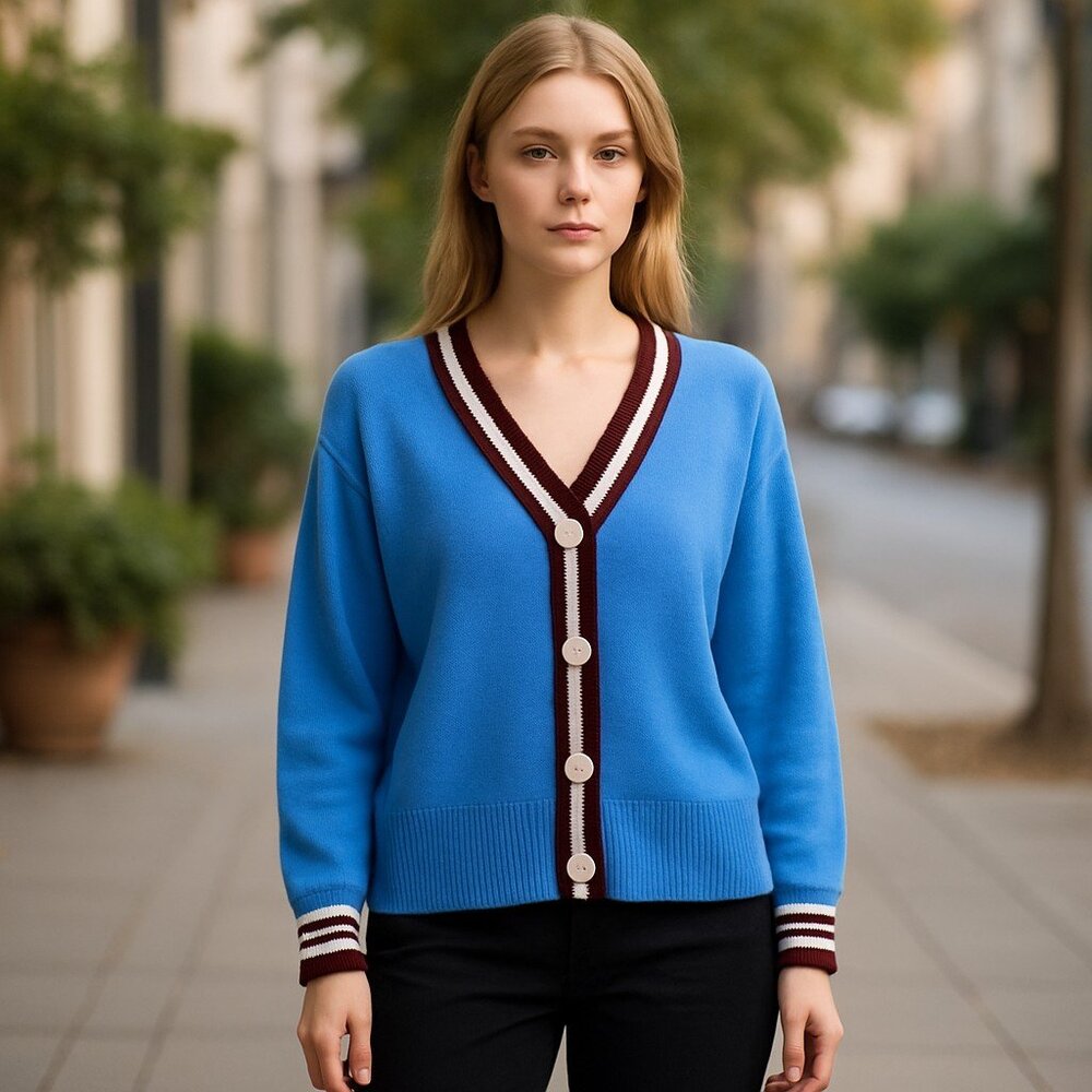 NWT FRENCH CONNECTION Blue V-Neck Button-Up Sweater CARDIGAN STRIPED